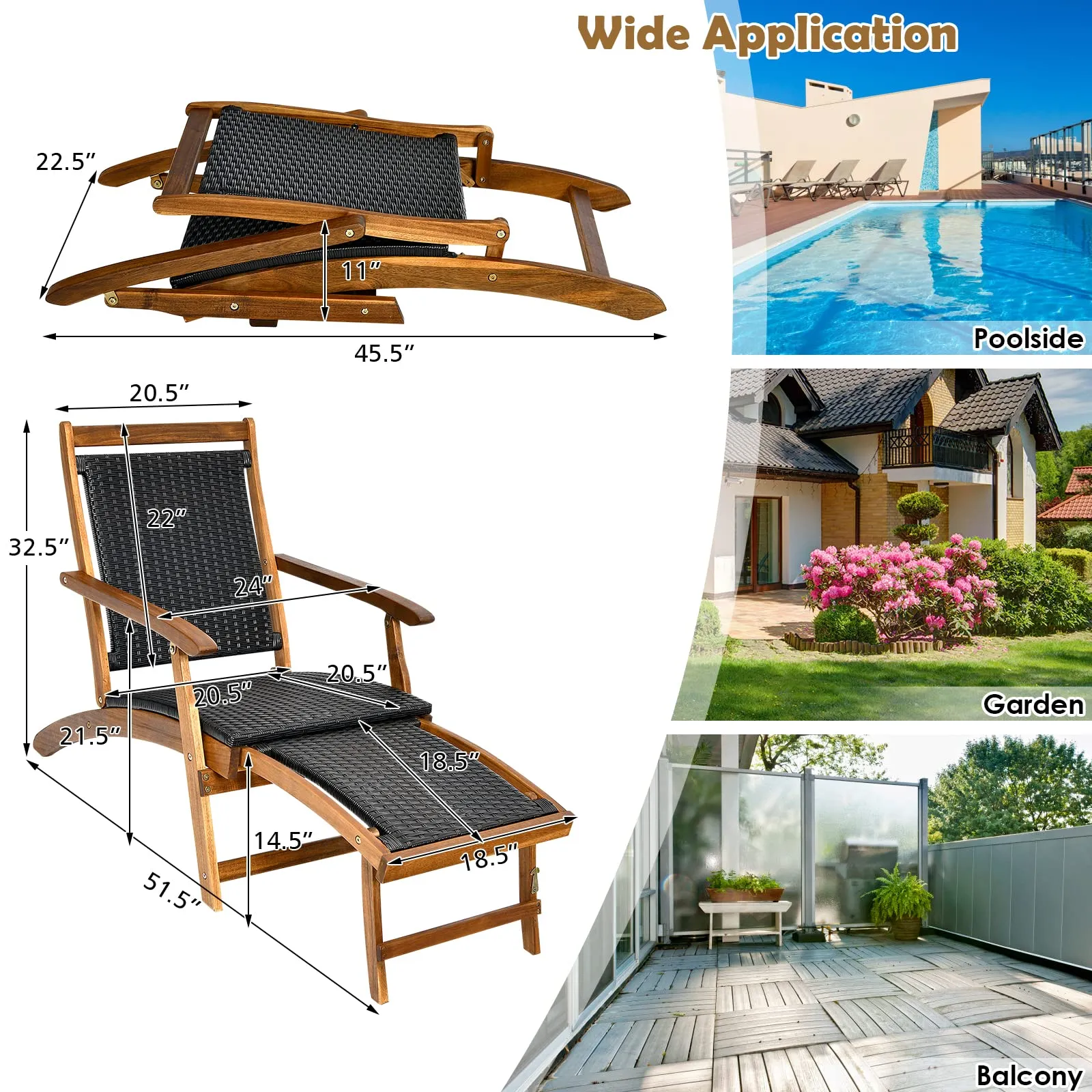 Tangkula Acacia Wood Folding Chaise Lounge Chair, Patiojoy Outdoor Foldable Deck Chair