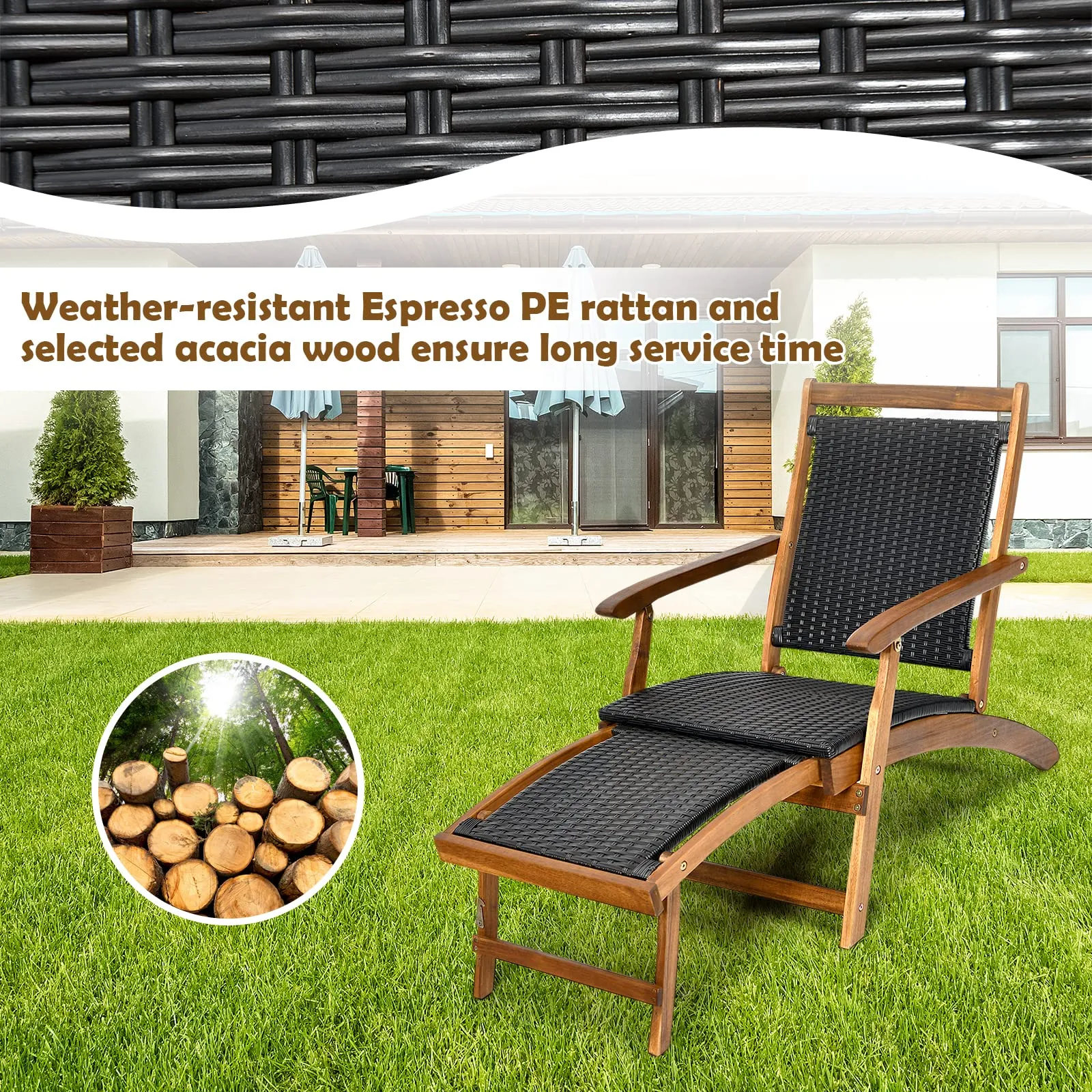 Tangkula Acacia Wood Folding Chaise Lounge Chair, Patiojoy Outdoor Foldable Deck Chair