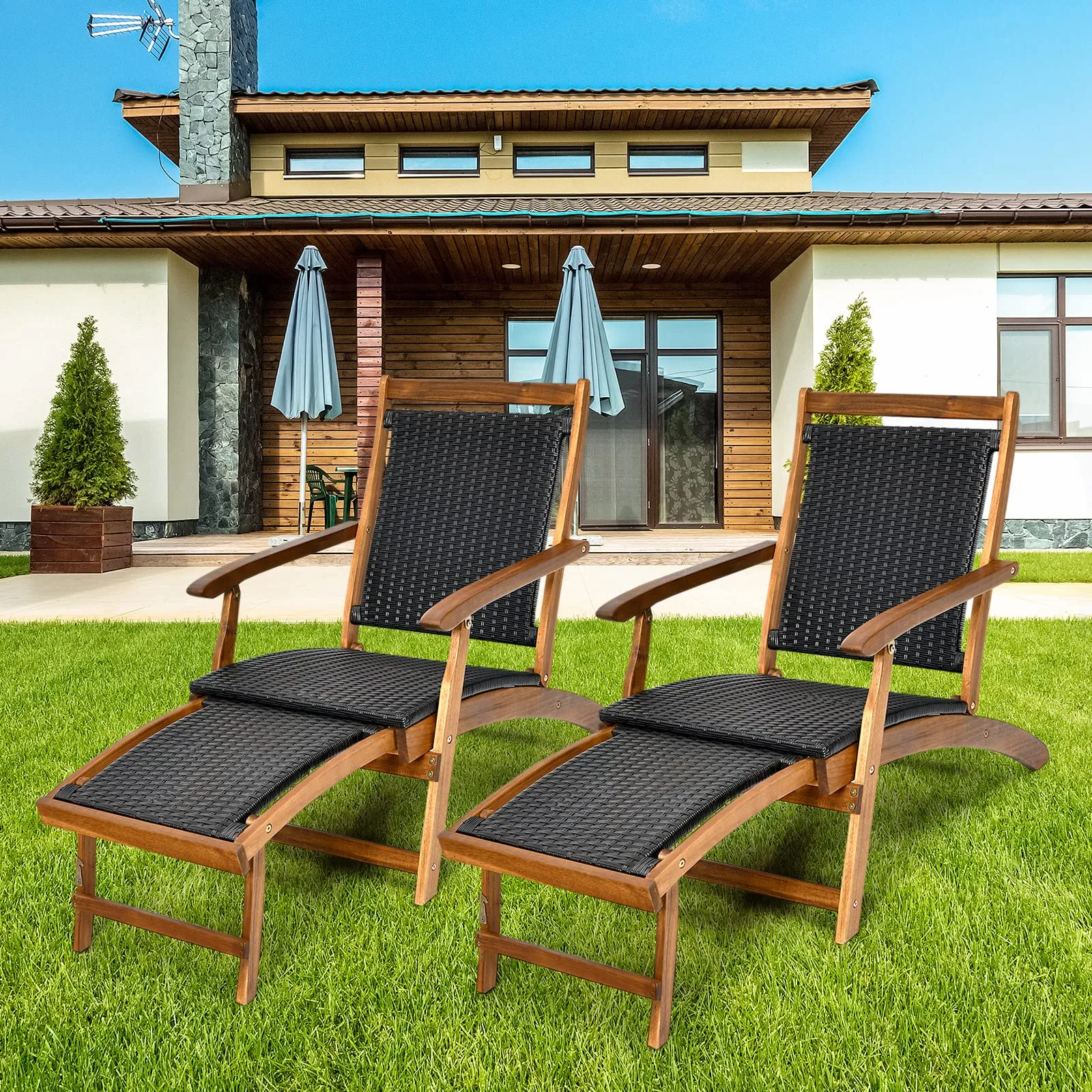 Tangkula Acacia Wood Folding Chaise Lounge Chair, Patiojoy Outdoor Foldable Deck Chair