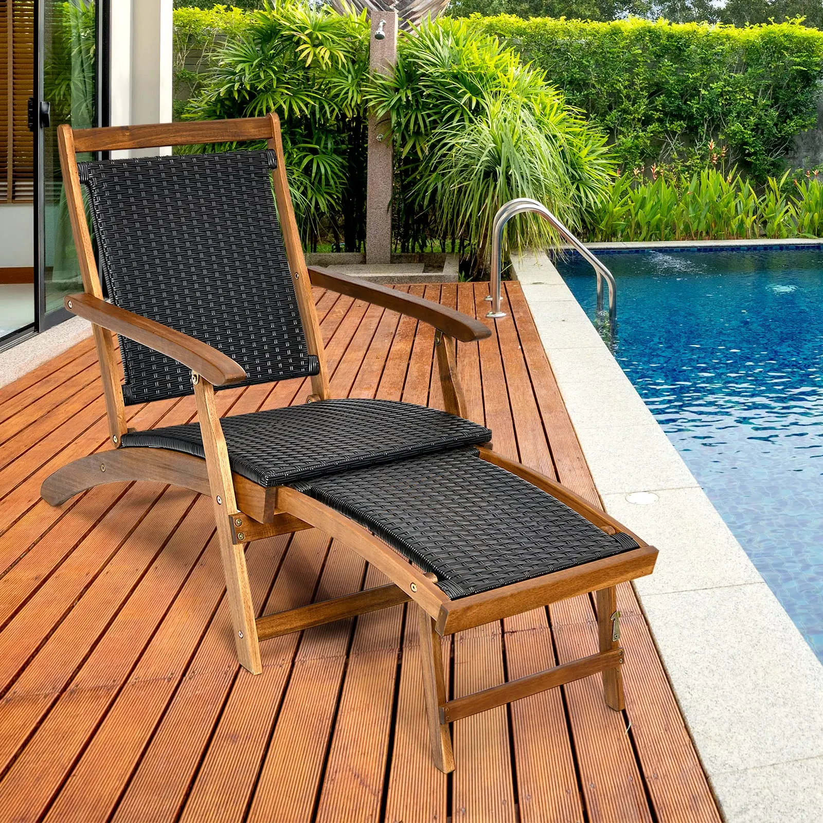 Tangkula Acacia Wood Folding Chaise Lounge Chair, Patiojoy Outdoor Foldable Deck Chair