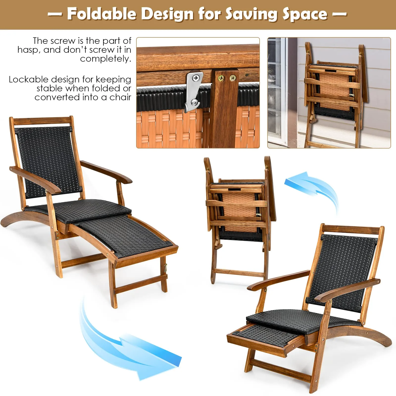 Tangkula Acacia Wood Folding Chaise Lounge Chair, Patiojoy Outdoor Foldable Deck Chair