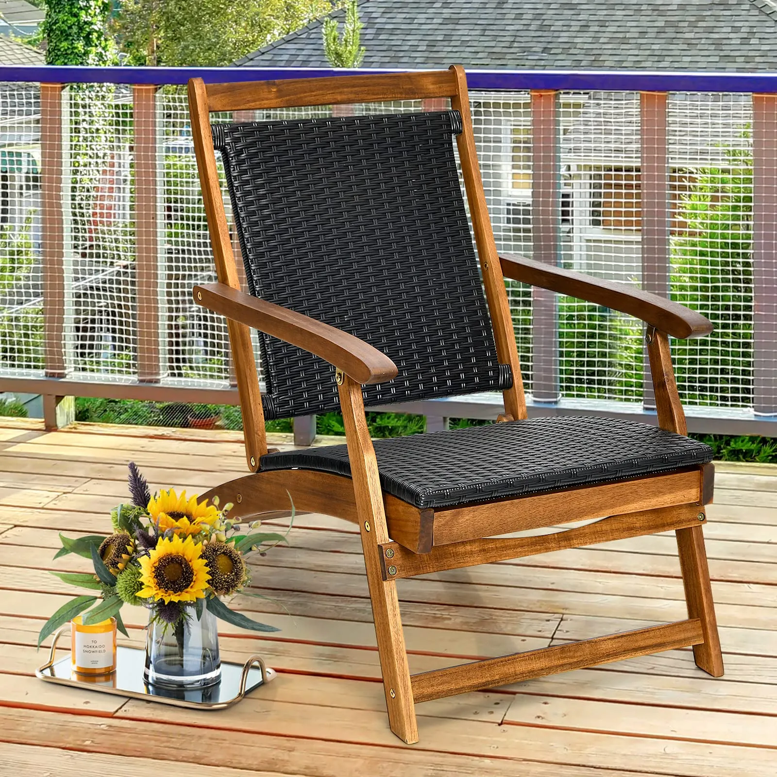 Tangkula Acacia Wood Folding Chaise Lounge Chair, Patiojoy Outdoor Foldable Deck Chair