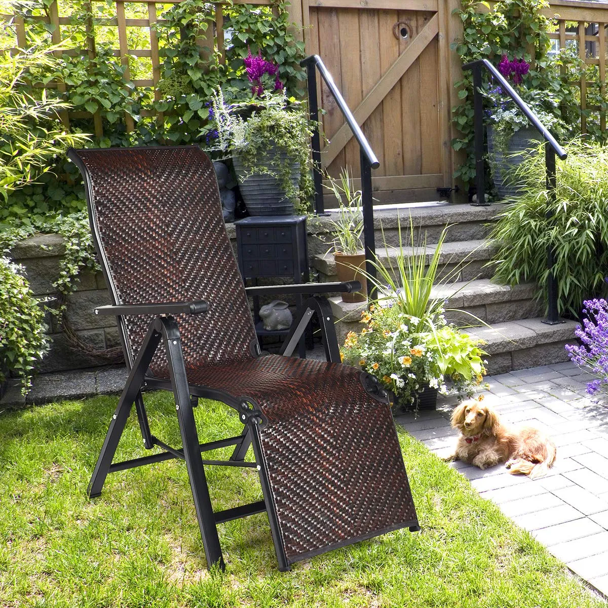 Tangkula Folding Reclining Rattan Chair, Portable Chaise Lounge Chair w/Adjustable Positions
