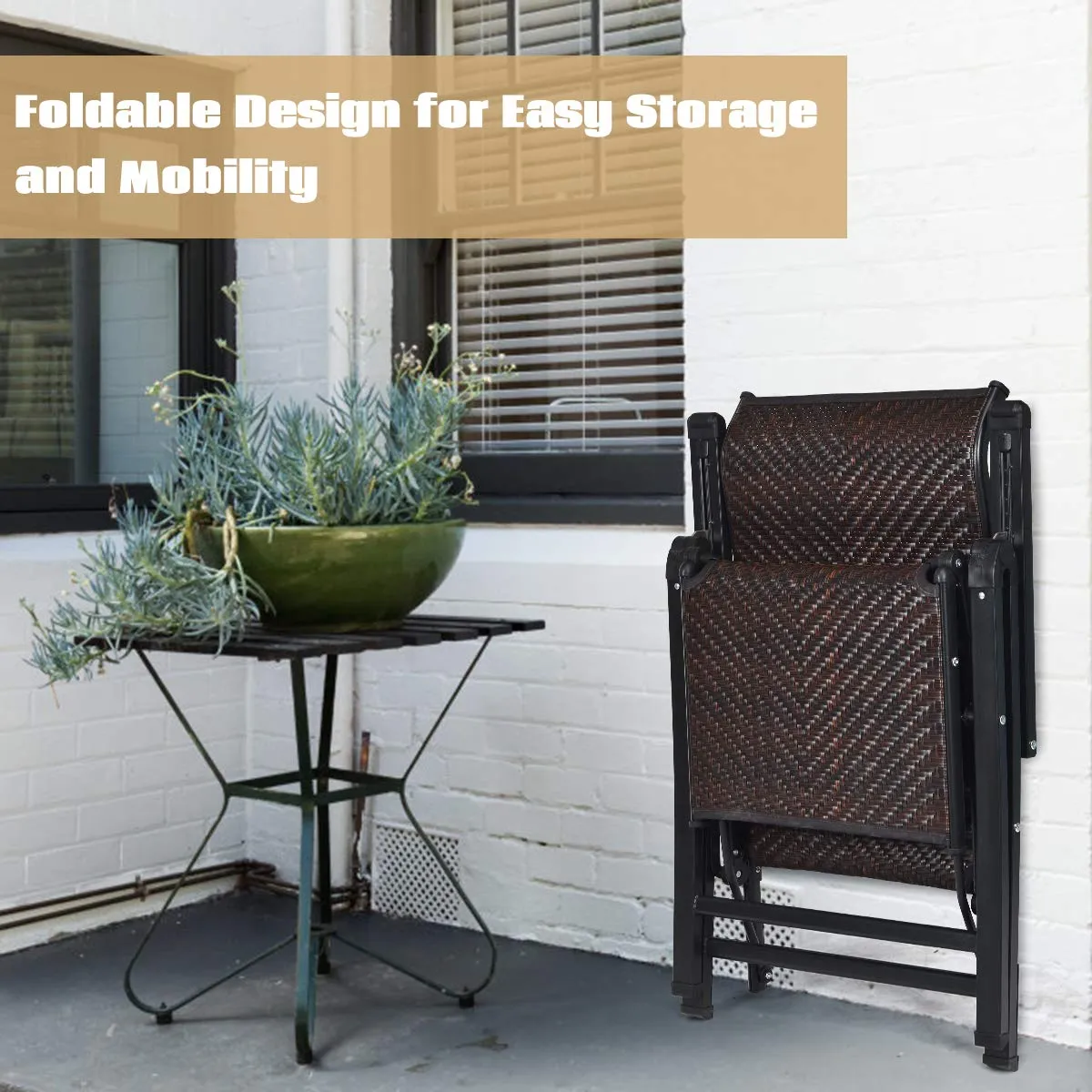 Tangkula Folding Reclining Rattan Chair, Portable Chaise Lounge Chair w/Adjustable Positions