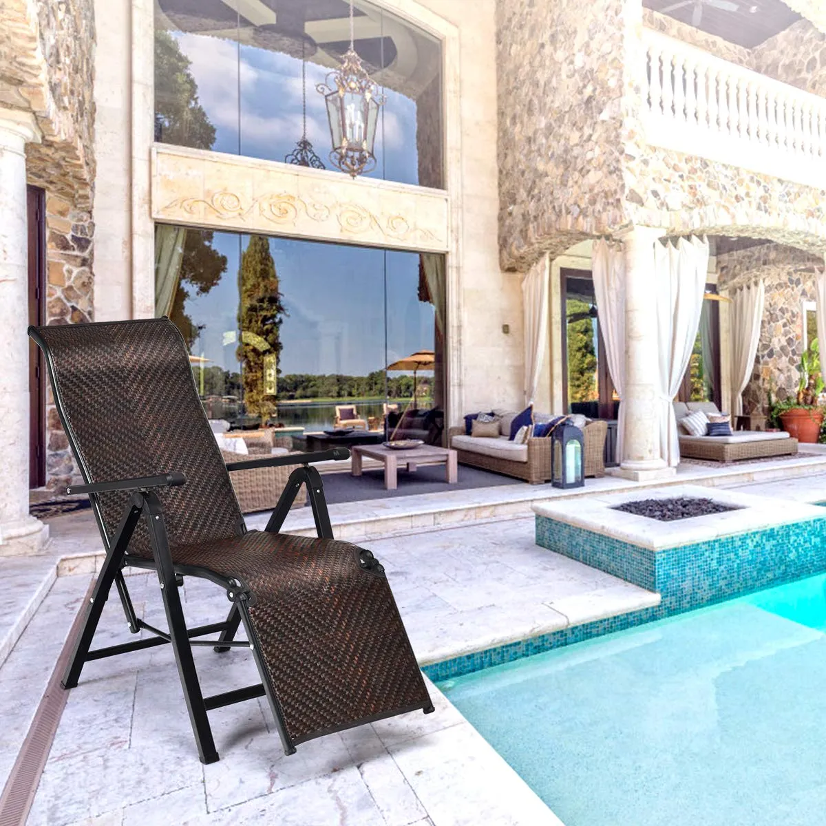Tangkula Folding Reclining Rattan Chair, Portable Chaise Lounge Chair w/Adjustable Positions