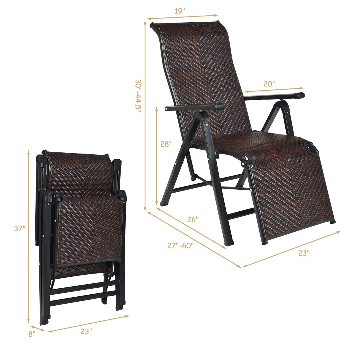 Tangkula Folding Reclining Rattan Chair, Portable Chaise Lounge Chair w/Adjustable Positions