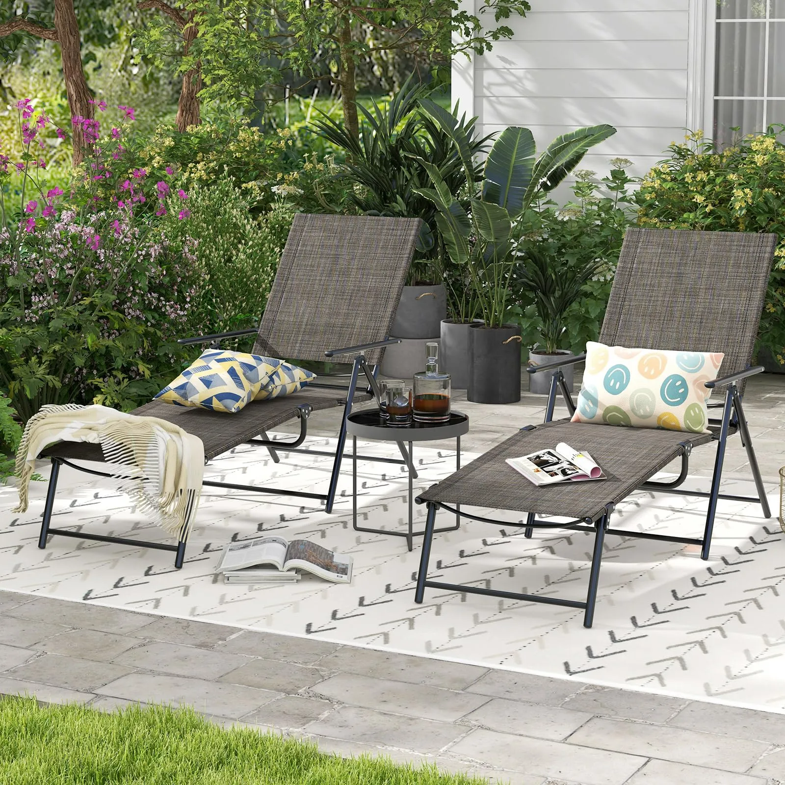 Tangkula Outdoor Lounge Chairs Set of 2, Patio Folding Chaise Recliner with 6-Level Backrest