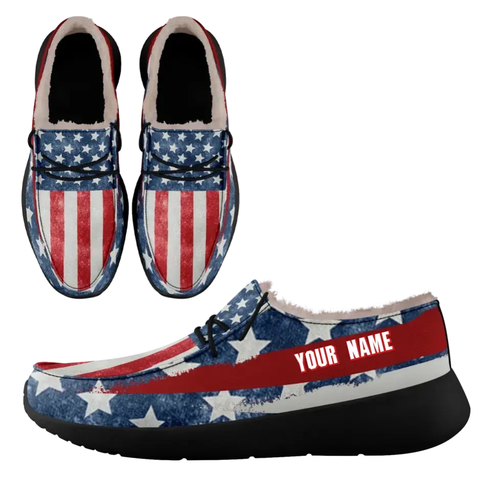 Unique Gift,Personalized USA Flag Sneakers, Custom Stars and Stripes Loafer Shoes, Fur Lining Shoe, Pride in Comfort,FN042-24020304-4b