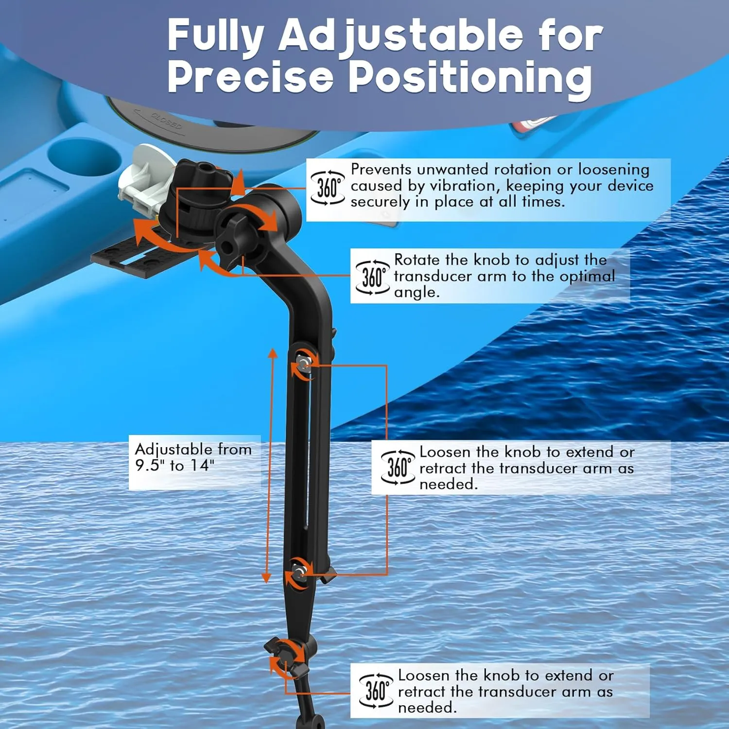 Universal Kayak Transducer Mount Arm Adjustable 914, Tool-Free Installation Saltwater-Resistant, Compatible with Garmin Lowrance Humminbird Fish Finder