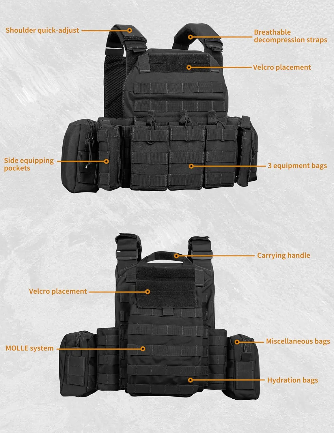 WOLFHUNT Tactical Vest for Men - Airsoft Vest with Molle System, Weighted Vest Premium & Modular Gear for Gaming Enthusiasts
